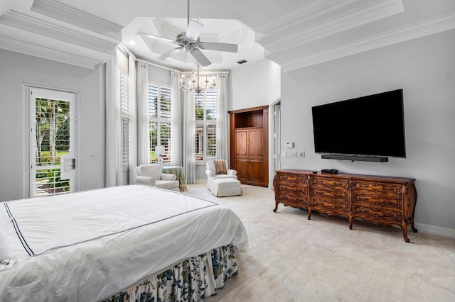 bedroom with a raised ceiling, a ceiling fan, access to exterior, crown molding, and carpet flooring