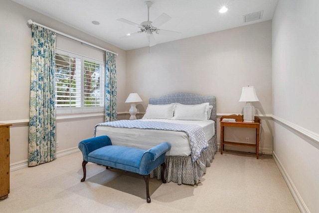 bedroom featuring recessed lighting, a ceiling fan, visible vents, baseboards, and carpet