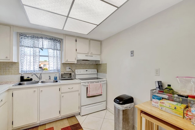 kitchen featuring backsplash, a sink, white electric range oven, and under cabinet range hood