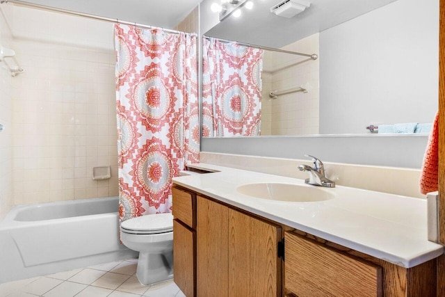 bathroom with vanity, tile patterned flooring, toilet, and shower / bathtub combination with curtain