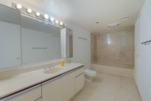 bathroom featuring shower / bath combination, visible vents, toilet, tile patterned flooring, and vanity