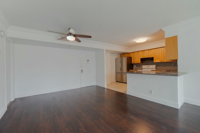 kitchen featuring decorative backsplash, freestanding refrigerator, a peninsula, light wood-type flooring, and under cabinet range hood