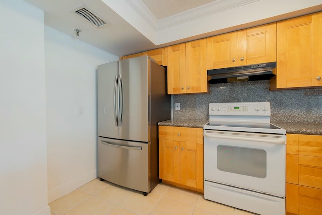 kitchen featuring visible vents, ornamental molding, freestanding refrigerator, white electric range, and under cabinet range hood