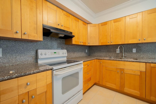 kitchen with light tile patterned floors, electric range, crown molding, under cabinet range hood, and a sink