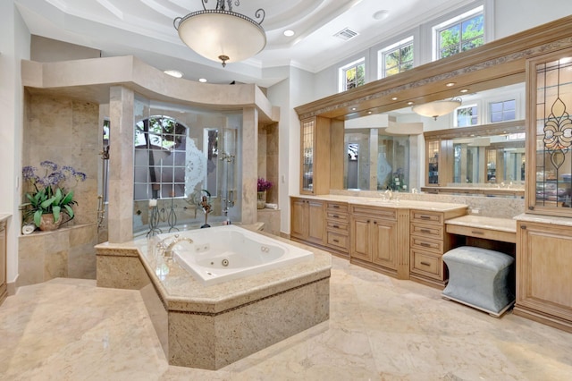 bathroom featuring visible vents, a jetted tub, walk in shower, ornamental molding, and vanity