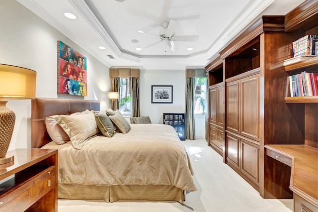 bedroom featuring crown molding, light carpet, recessed lighting, a raised ceiling, and access to outside