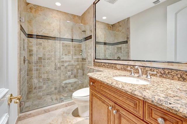 full bath featuring vanity, visible vents, recessed lighting, a shower stall, and toilet