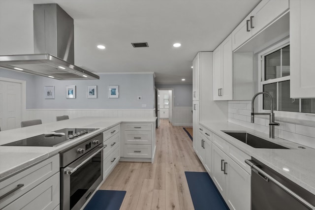 kitchen with white cabinets, wainscoting, island exhaust hood, stainless steel appliances, and a sink