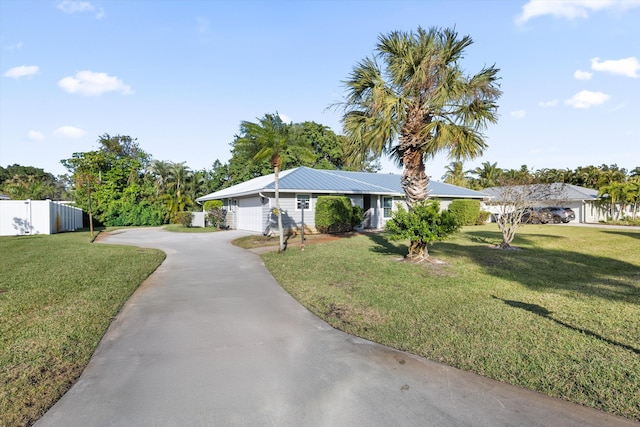 single story home with a front yard, driveway, an attached garage, and fence