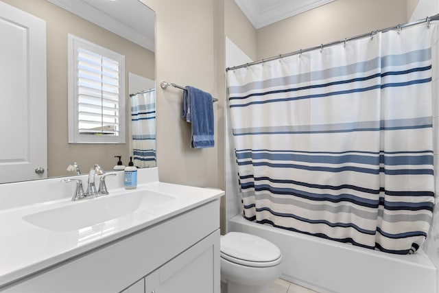 bathroom featuring toilet, shower / bath combo, ornamental molding, and vanity