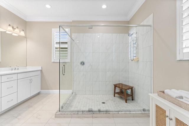 bathroom with vanity, baseboards, marble finish floor, ornamental molding, and a stall shower