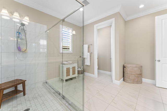 full bathroom with toilet, visible vents, baseboards, ornamental molding, and a stall shower