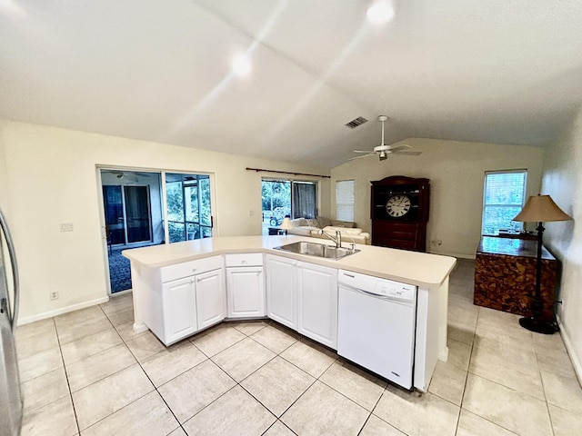 kitchen with visible vents, dishwasher, open floor plan, light countertops, and a sink