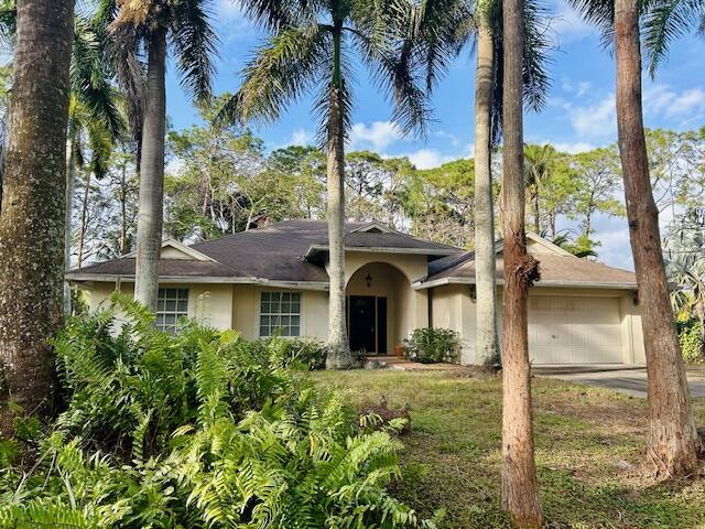 single story home featuring concrete driveway, an attached garage, and stucco siding