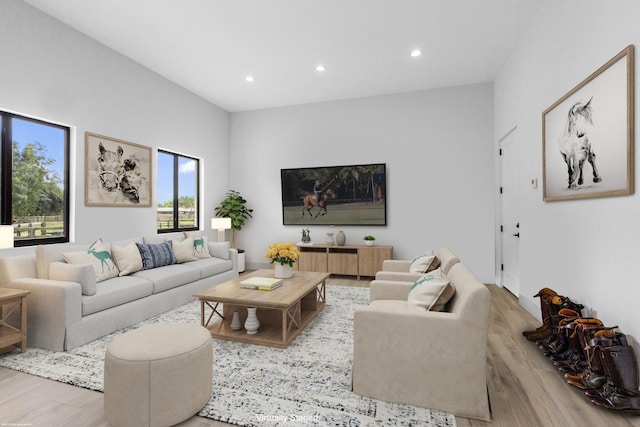 living room with recessed lighting and wood finished floors