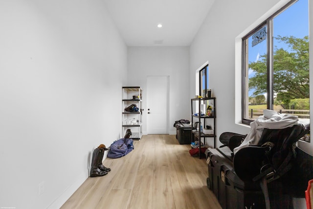 living area featuring baseboards, wood finished floors, and recessed lighting