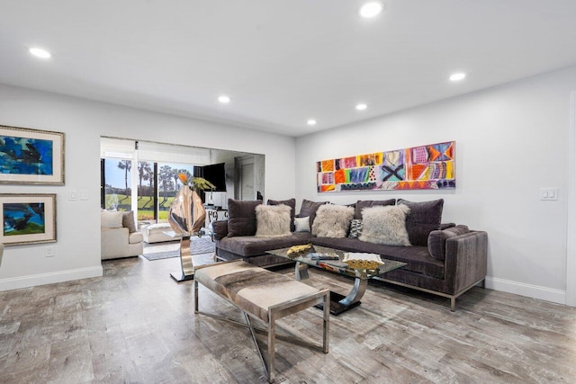 living area featuring baseboards, wood finished floors, and recessed lighting