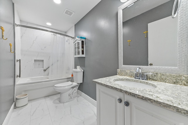 bathroom featuring visible vents, baseboards, toilet, marble finish floor, and vanity