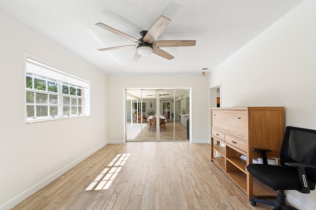 interior space featuring baseboards, light wood-type flooring, a ceiling fan, and crown molding