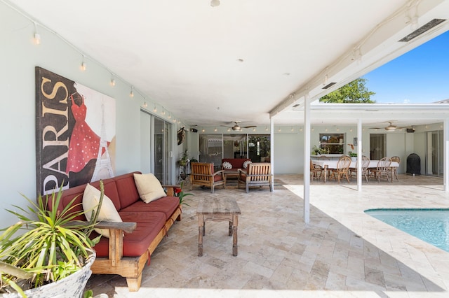 view of patio with outdoor dining area, outdoor lounge area, and a ceiling fan