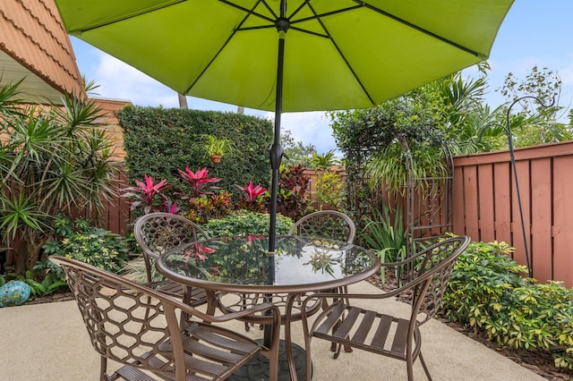 view of patio / terrace featuring a fenced backyard and outdoor dining space