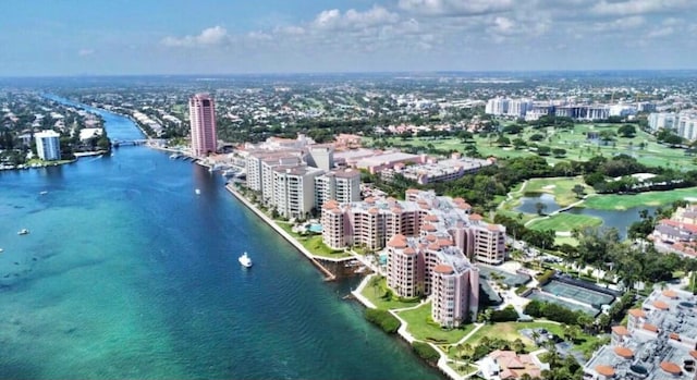 aerial view featuring a water view and a city view