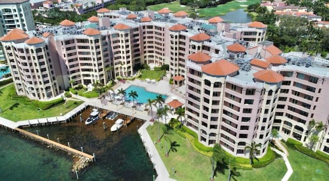 aerial view with a water view and a view of city