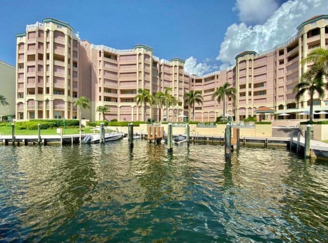 view of dock with a water view