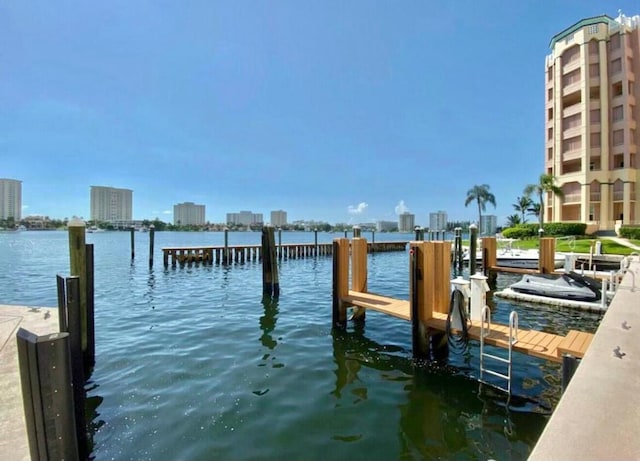 view of dock with a water view and a city view