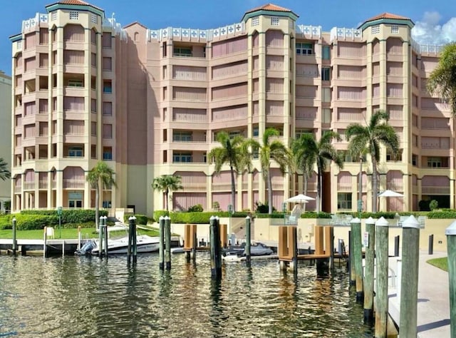view of building exterior featuring a water view