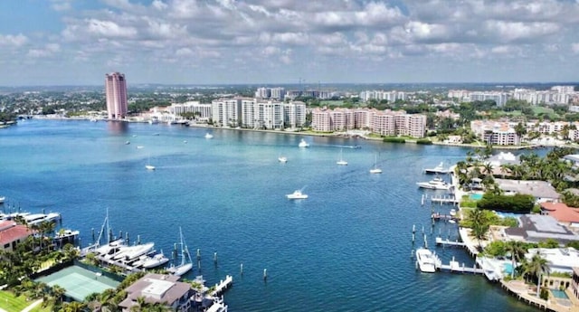 bird's eye view featuring a city view and a water view