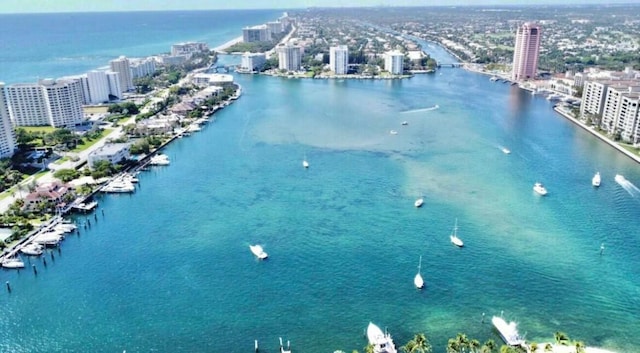 drone / aerial view with a view of city and a water view