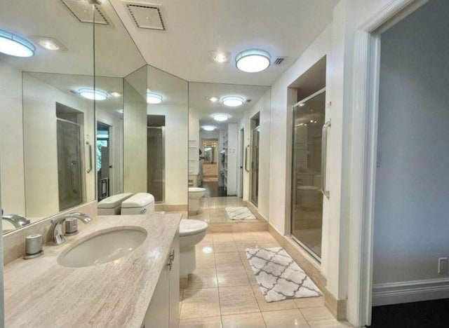 full bathroom with visible vents, toilet, a shower stall, vanity, and tile patterned flooring