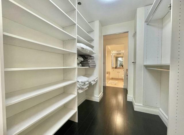 spacious closet with dark wood-style floors