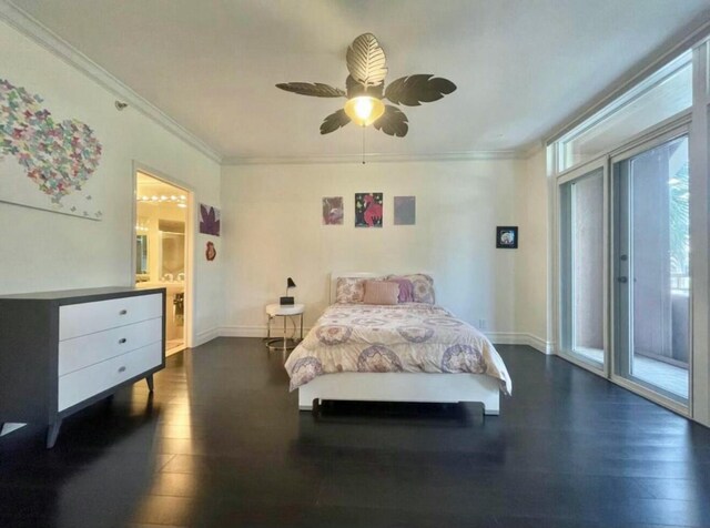 bedroom with access to outside, ornamental molding, dark wood-type flooring, and baseboards