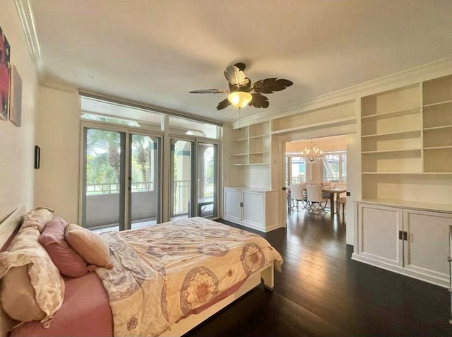 bedroom with access to exterior, a notable chandelier, ornamental molding, and dark wood-style flooring