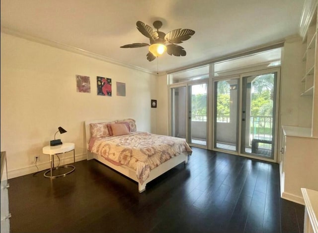 bedroom with ceiling fan, dark wood-style flooring, baseboards, access to outside, and crown molding