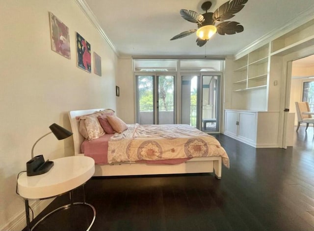 bedroom with ornamental molding, access to exterior, ceiling fan, and wood finished floors