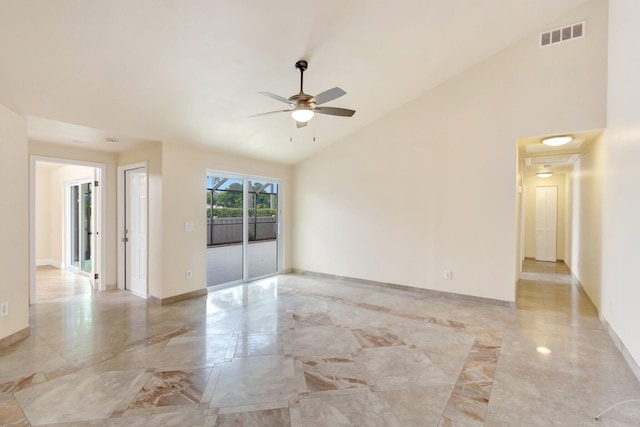 unfurnished room with marble finish floor, visible vents, a ceiling fan, high vaulted ceiling, and baseboards