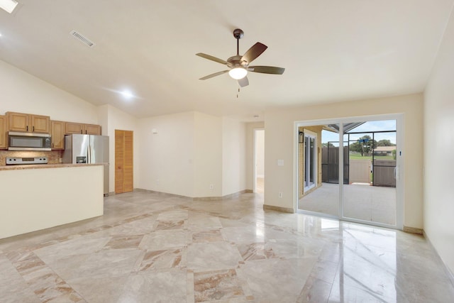 unfurnished living room featuring marble finish floor, visible vents, vaulted ceiling, ceiling fan, and baseboards