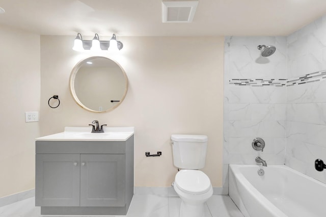 bathroom featuring baseboards, visible vents, toilet, vanity, and shower / bathtub combination