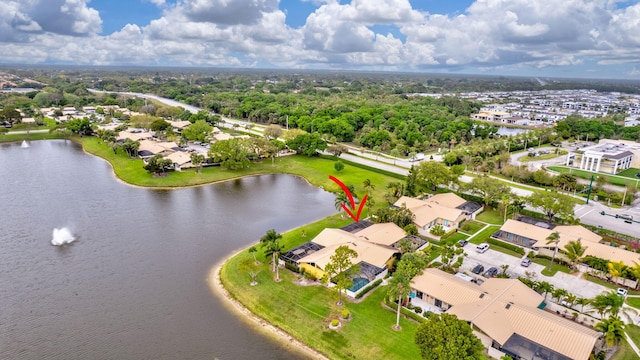 bird's eye view with a water view and a residential view