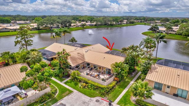 aerial view with a water view and a residential view