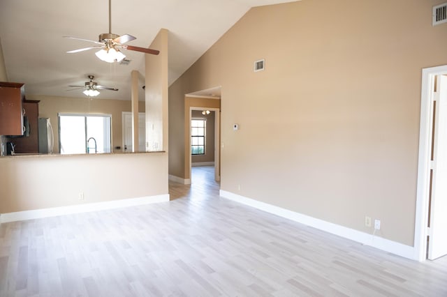 unfurnished living room featuring light wood-type flooring, a sink, visible vents, and baseboards