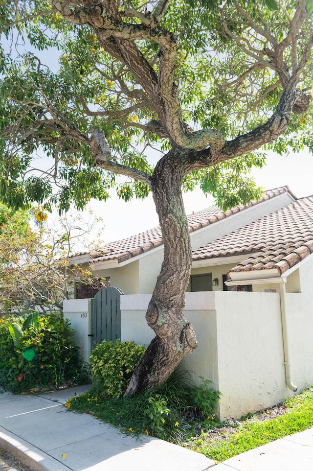 view of side of property featuring a tiled roof, a fenced front yard, a gate, and stucco siding