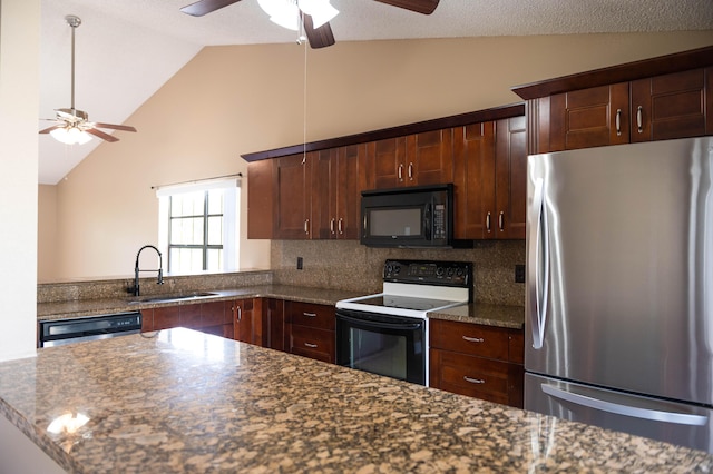 kitchen with range with electric cooktop, dishwasher, freestanding refrigerator, black microwave, and a sink