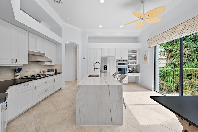 kitchen with arched walkways, under cabinet range hood, a sink, appliances with stainless steel finishes, and tasteful backsplash