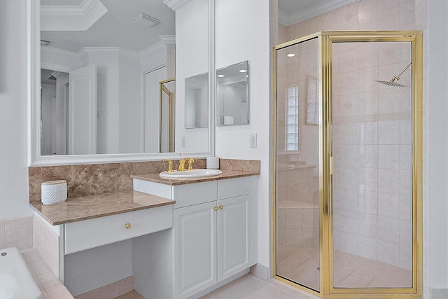 full bath with a stall shower, visible vents, crown molding, and vanity