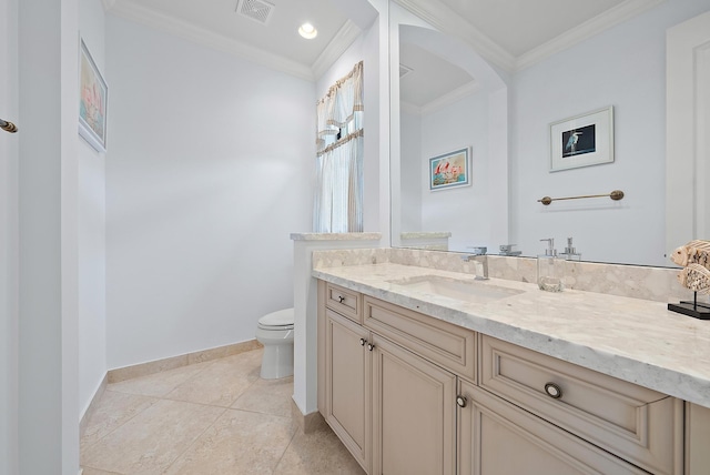 bathroom featuring baseboards, visible vents, toilet, ornamental molding, and vanity