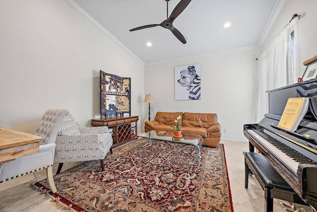 living room featuring crown molding, light tile patterned floors, lofted ceiling, recessed lighting, and a ceiling fan